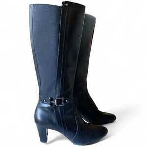 Anne Klein Black Leather Heeled Boots Knee High AKGAELYN 3” Heel Zipper Closure